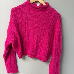 Pilcro Vibrant Pink Cable Knit Turtleneck Sweater